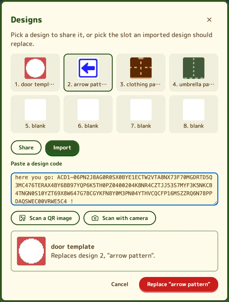 The Import tab with a pasted code, a preview of the design, and a button to replace the picked slot.