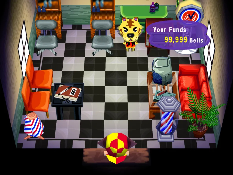 Inside the barber shop on Play AC Online: Tybalt, two mirrored stations, a sofa, a CD player and a barber's pole.