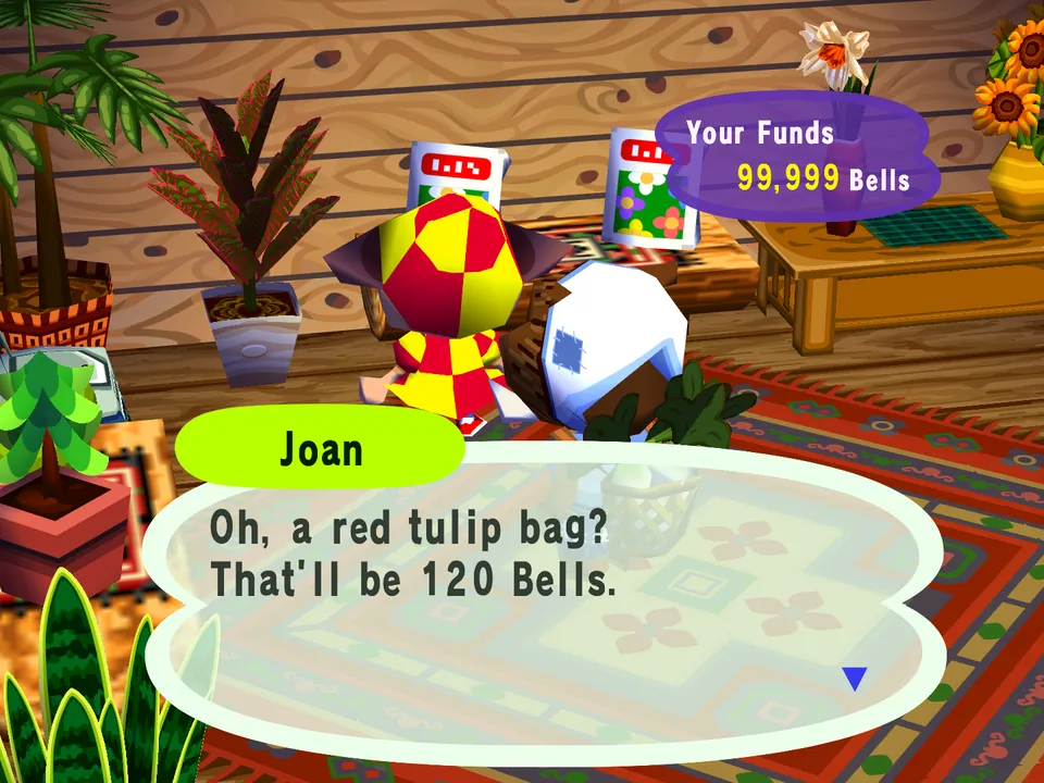 Joan offering a seed bag in the flower shop on Play AC Online, naming it and its price.