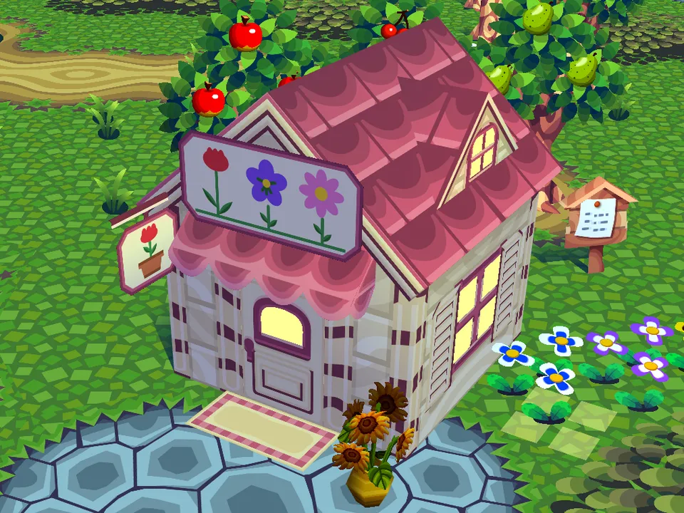 The flower shop in an Animal Crossing town on Play AC Online, cream with a rose roof and a sign of three flowers.
