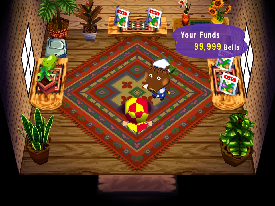 Inside the flower shop on Play AC Online: seed bags, a sapling and a fruit on low wooden tables, and Joan.