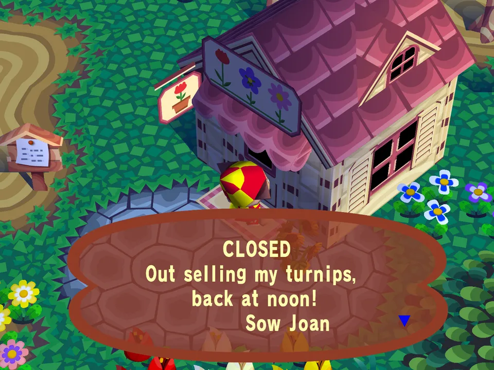 The flower shop's door on a Sunday morning on Play AC Online, with Joan's note: out selling my turnips, back at noon.